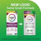 Rainbow Light Prenatal One 120 count Multivitamin, showing old packaging (120 Vegan Tablets) and new packaging (120 Vegan Caplets).