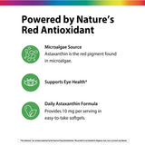Product highlights graphic stating Astaxanthin: red pigment from microalgae, supports eye health*, 10 mg per softgel daily.