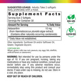 Supplement Facts panel showing details for Astaxanthin 5 mg in a bottle of 60 softgels.