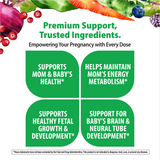 Product highlights graphic stating Mom & Baby Health, Mom Energy Metabolism, Fetal Growth & Development, Baby Brain & Neural Tube Development.