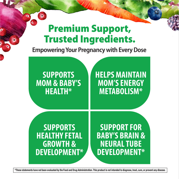 Product highlights graphic stating Mom & Baby Health, Mom Energy Metabolism, Fetal Growth & Development, Baby Brain & Neural Tube Development.