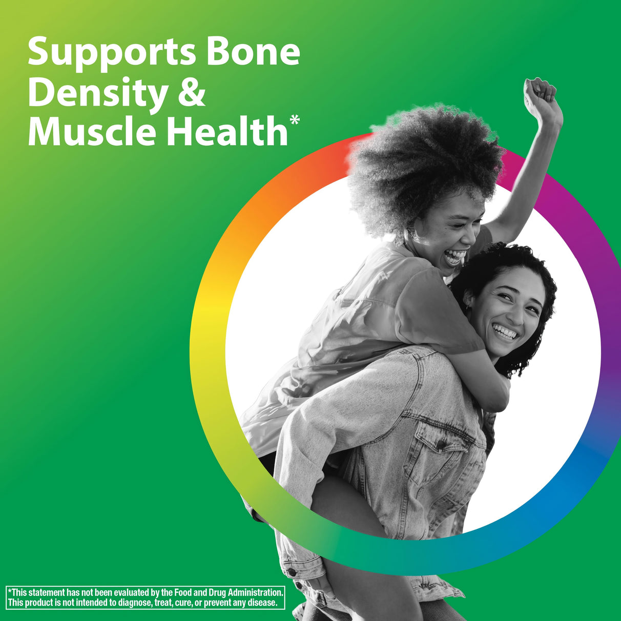 Two young women laugh as one rides piggyback on the other, promoting Food-Based Calcium.