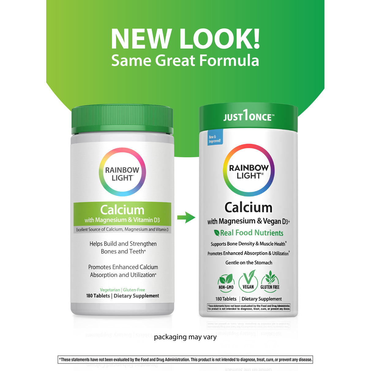 Rainbow Light Food-Based Calcium 180 Tablets displaying both old and new packaging designs.