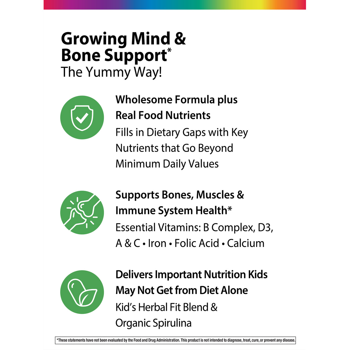Product highlights graphic stating Wholesome Formula, Real Food Nutrients, Supports Bones, Muscles, Immune Health*, Delivers Key Nutrition Kids Miss