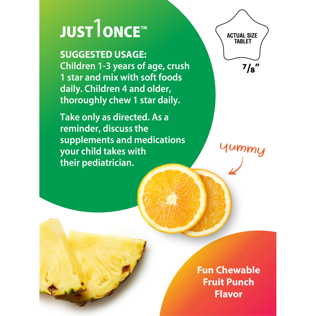 RL Kid's One Multivitamin with 90 star-shaped, chewable tablets in fun fruit punch flavor, actual size 7/8 inch.