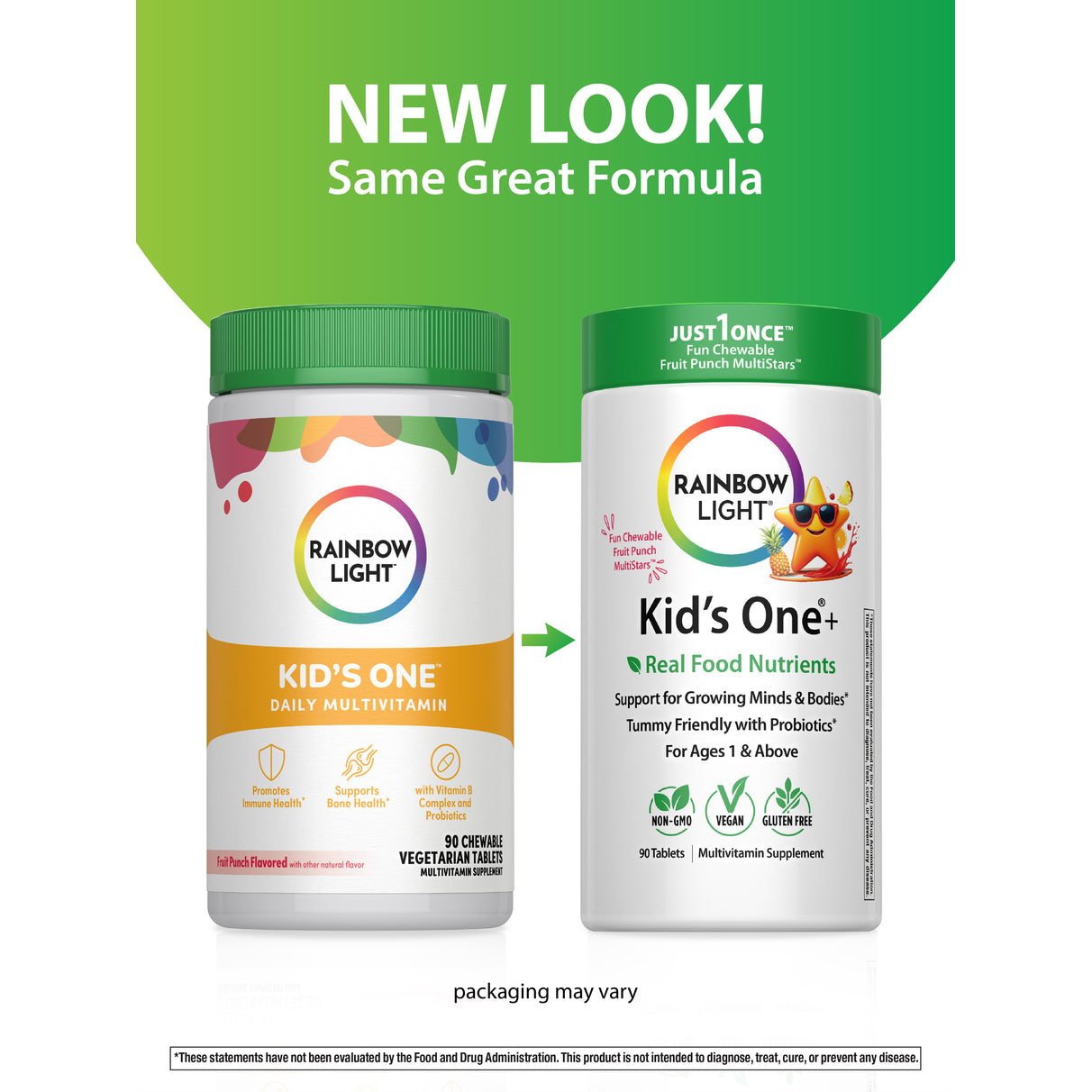 Kid's One Multivitamin 90 Chewable Tablets showing old and new packaging with text 'NEW LOOK! Same Great Formula'.