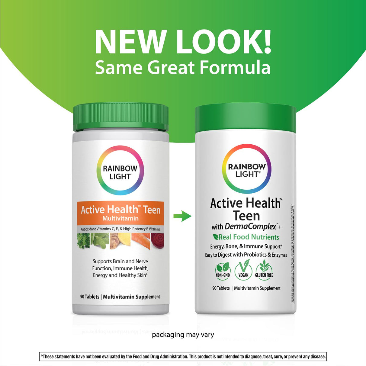 Rainbow Light Active Health Teen Multivitamin 90 Tablets. Image shows old and new packaging with text 'NEW LOOK! Same Great Formula'.