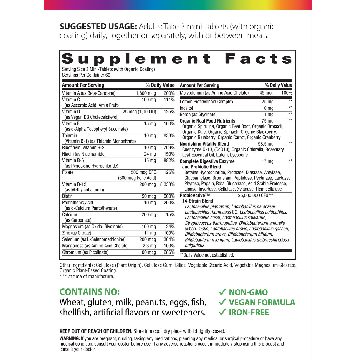 Supplement Facts for 50+ Mini-Tablet Multi containing 180 tablets are displayed on this product label.