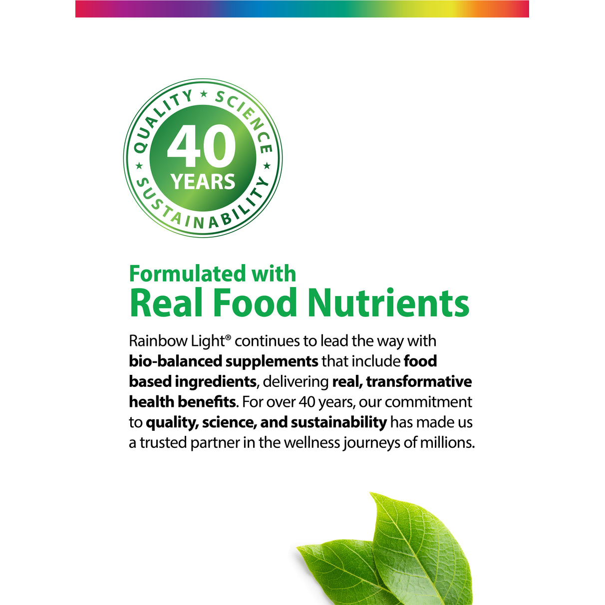 Infographic stating 40 YEARS of QUALITY, SCIENCE, SUSTAINABILITY. Formulated with Real Food Nutrients and food based ingredients for health benefits.