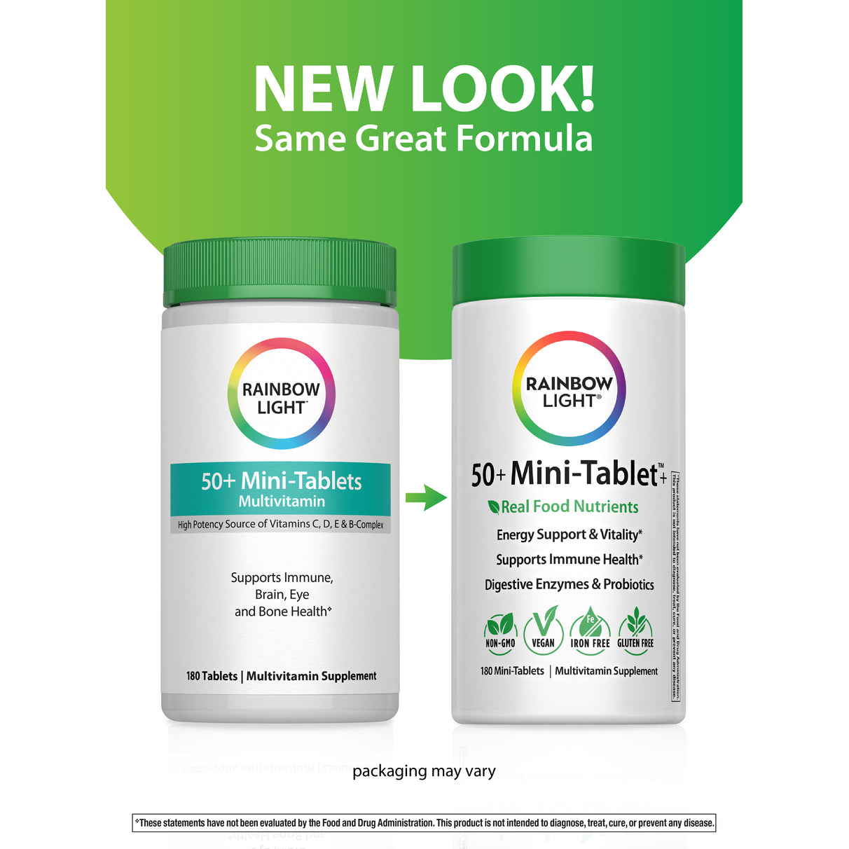 Rainbow Light 50+ Mini-Tablet Multivitamin, 180 tablets, with new and old packaging shown side by side.