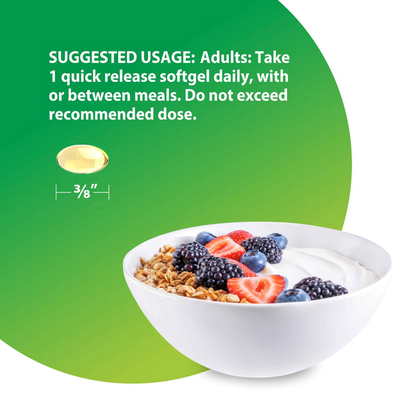 RL D3 3/8 inch softgel; adults take 1 daily with meals. Pictured with a bowl of yogurt and berries.