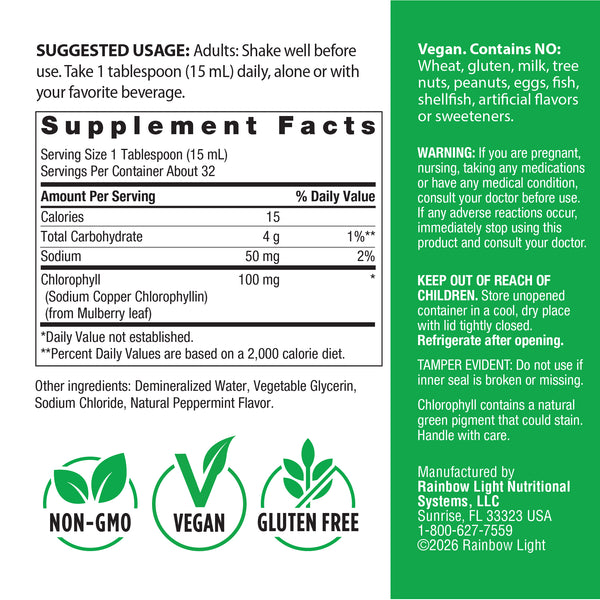 Image of Supplement Facts panel for Liquid Chlorophyll with Natural Peppermint flavor, 16 fl oz.