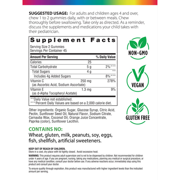RL Gummy Vitamin C Slices, 90 gummies. Non-GMO, vegan, and gluten-free. Free from wheat, milk, soy, and artificial sweeteners.