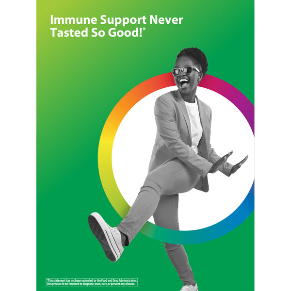 Young woman laughing and dancing with colorful arc. Text overlay: 'Immune Support Never Tasted So Good!*'