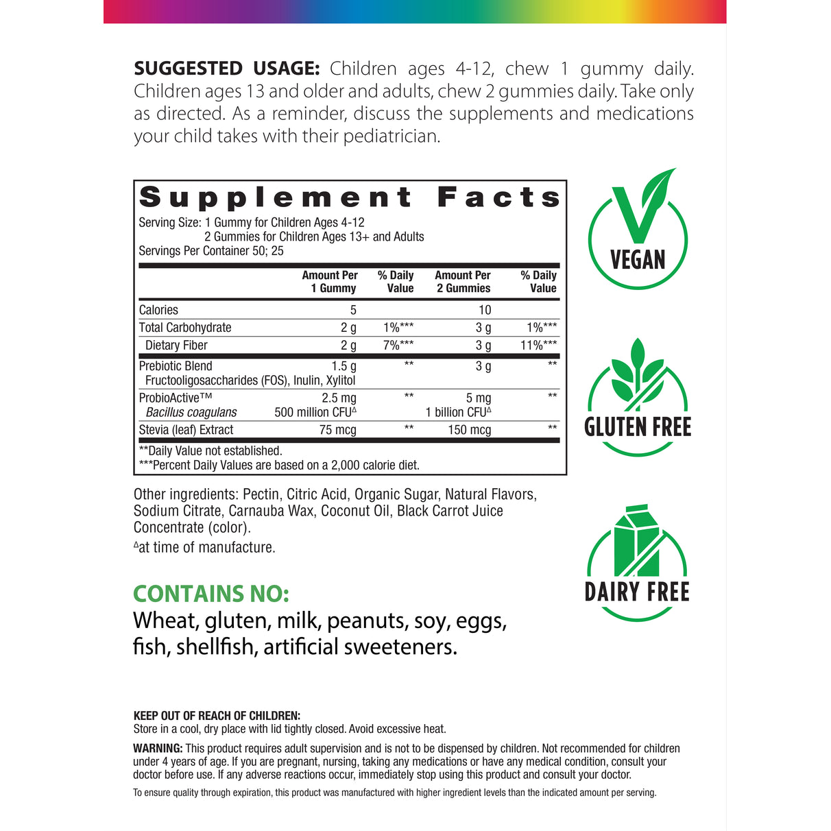 Supplement Facts panel showing ingredients and nutritional information for Probiolicious Gummies.