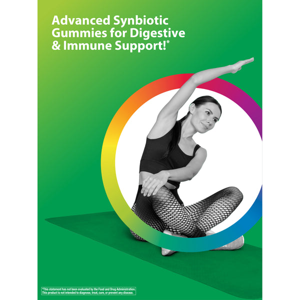 Woman in yoga pose stretching, surrounded by a colorful arc. Top text: 'Advanced Synbiotic Gummies for Digestive & Immune Support!'