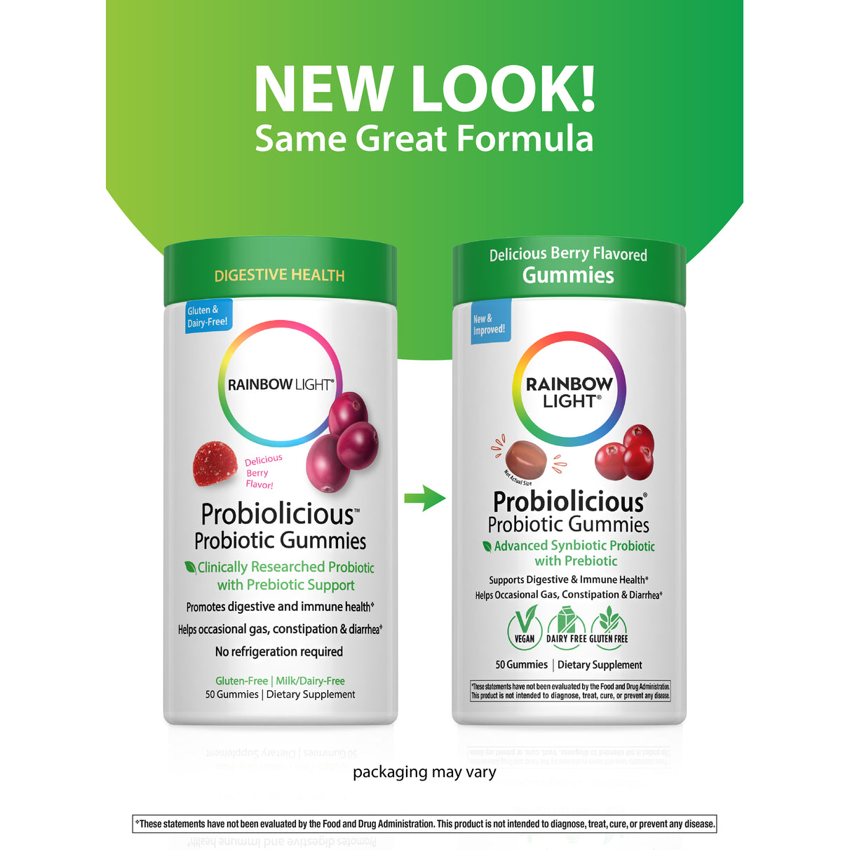 Rainbow Light Probiolicious Probiotic Gummies, 50 count, new packaging next to old, berry flavored.