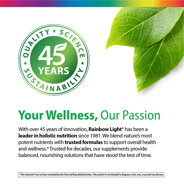 Infographic badge reading 'QUALITY SCIENCE 45 YEARS SUSTAINABILITY' with leaves and text 'Your Wellness, Our Passion'.