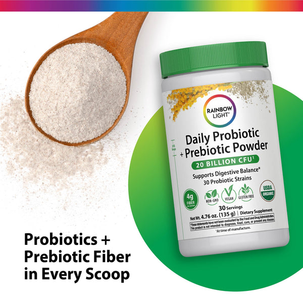 Rainbow Light Daily Probiotic + Prebiotic Powder with 20 Billion CFU, 4.76 oz, offering 30 servings.