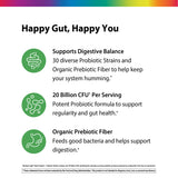 Graphic stating product supports digestive balance, 20 billion CFU per serving, and contains organic prebiotic fiber.