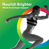 Woman energetically running with text 'Nourish Brighter Whole Food Organ Support', related to Beef Organs product.