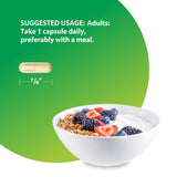 Capsule, 7/8 inch. Adults take 1 capsule daily with a meal. Bowl of yogurt with berries.