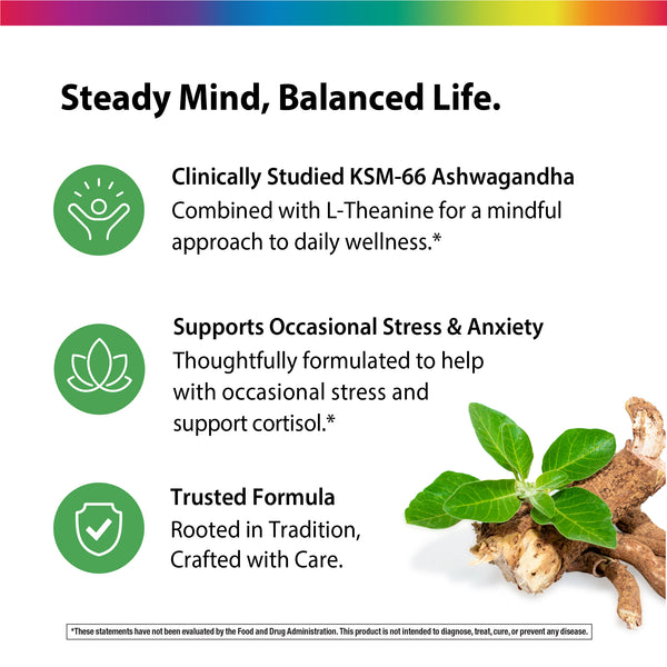 Product highlights graphic stating KSM-66 Ashwagandha, L-Theanine for wellness, supports stress and anxiety, helps with cortisol.