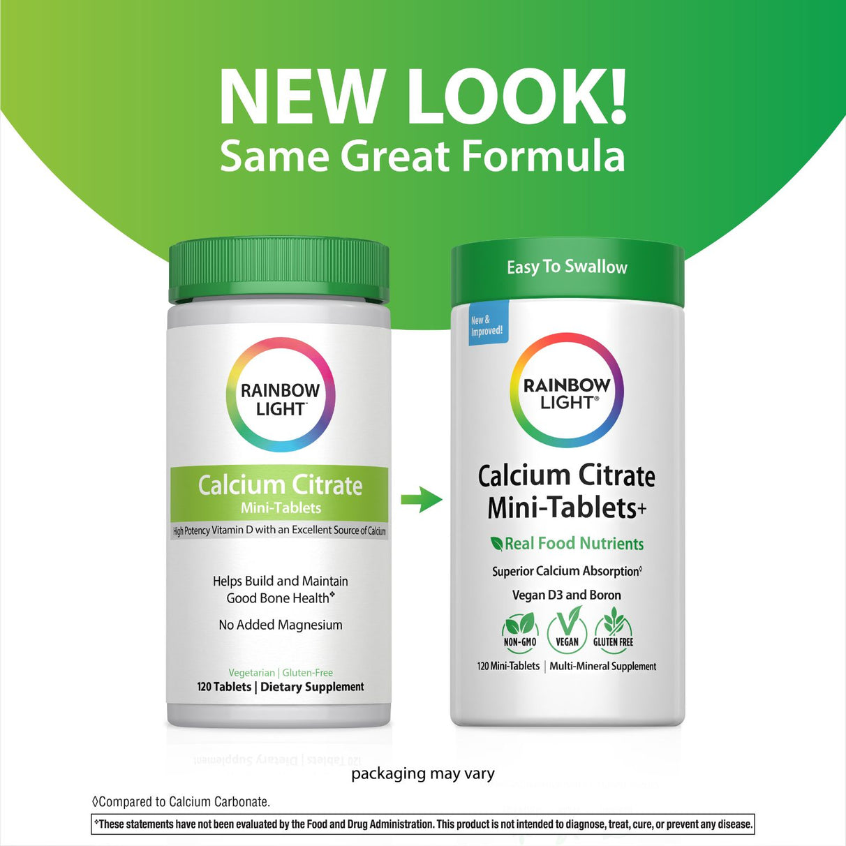 Rainbow Light Calcium Citrate Mini-Tablets, 120 count, new formula, easy to swallow, non-GMO, vegan, and gluten-free.