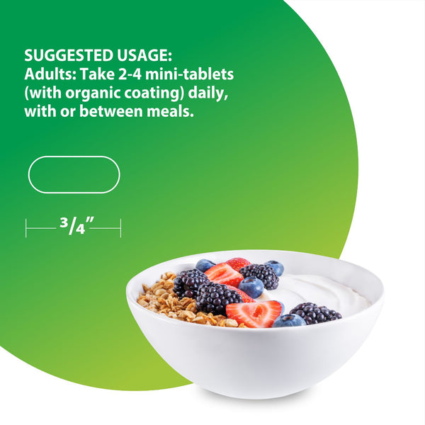 Calcium Citrate Mini-Tabs: 2-4 mini-tablets with organic coating daily, with or between meals. Tablet size: 3/4 inch.