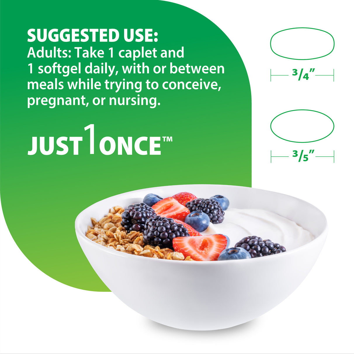 RL Prenatal One Daily Duo graphic: Suggested use 1 caplet & 1 softgel daily. Sizes: caplet 3/4'', softgel 3/5''. JUST 1 ONCE™.