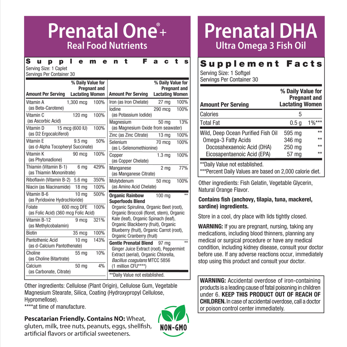 Supplement Facts for Prenatal One Daily Duo 30 Tablets & 30 Softgels, showing detailed nutritional information.