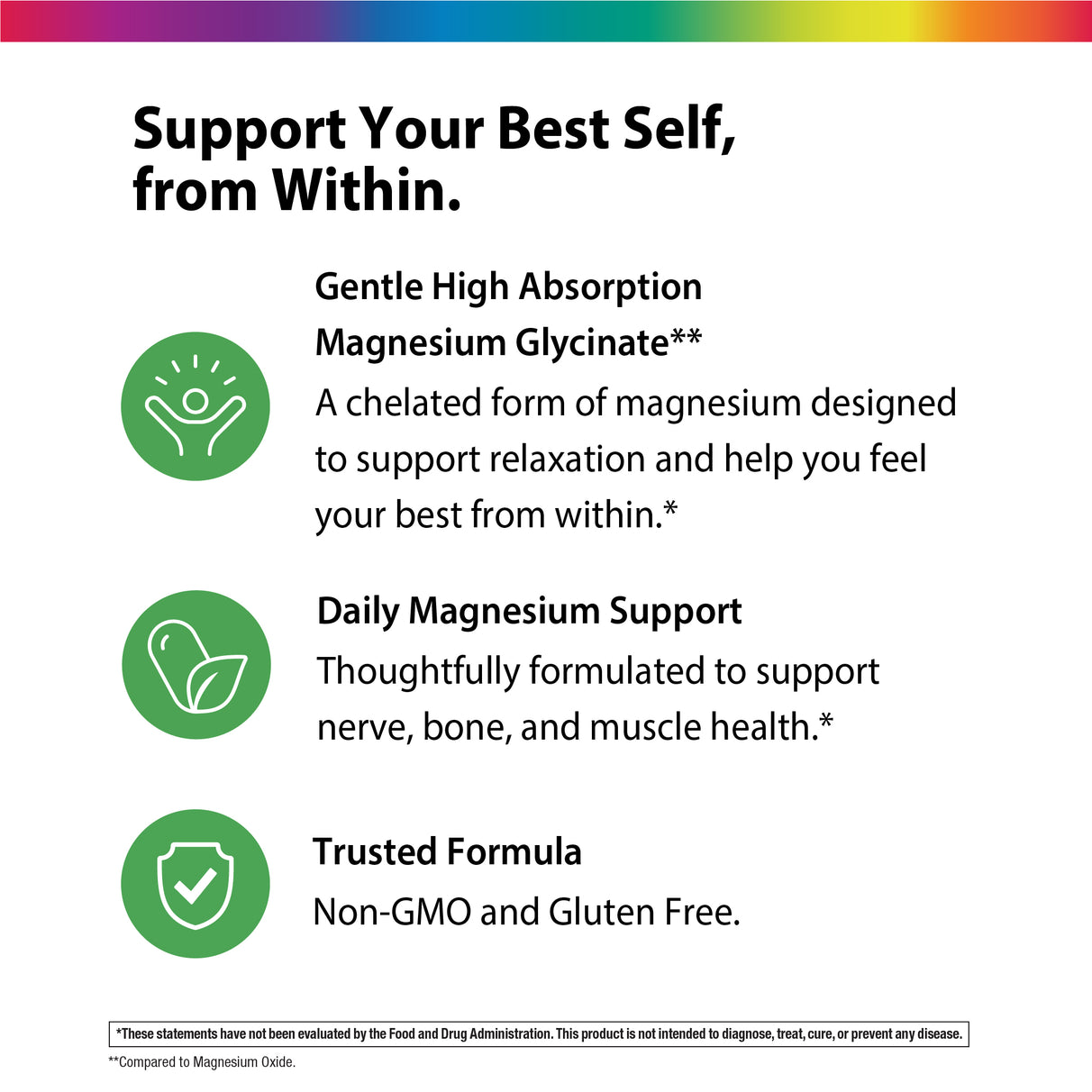 Product highlights graphic stating Supports relaxation and feeling your best, supports nerve, bone, and muscle health, Non-GMO and Gluten Free.