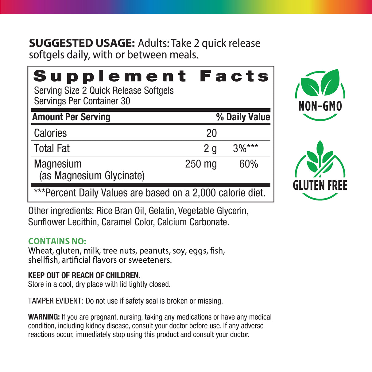 Supplement Facts panel detailing Magnesium Glycinate 250 mg in 60 softgels.