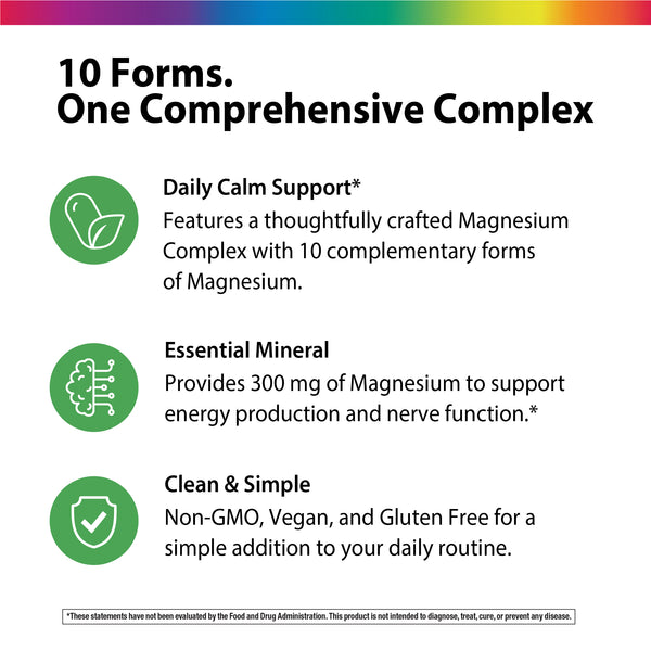 Product highlights graphic stating 10 forms of Magnesium, 300 mg for energy and nerve function; Non-GMO, Vegan, Gluten Free.