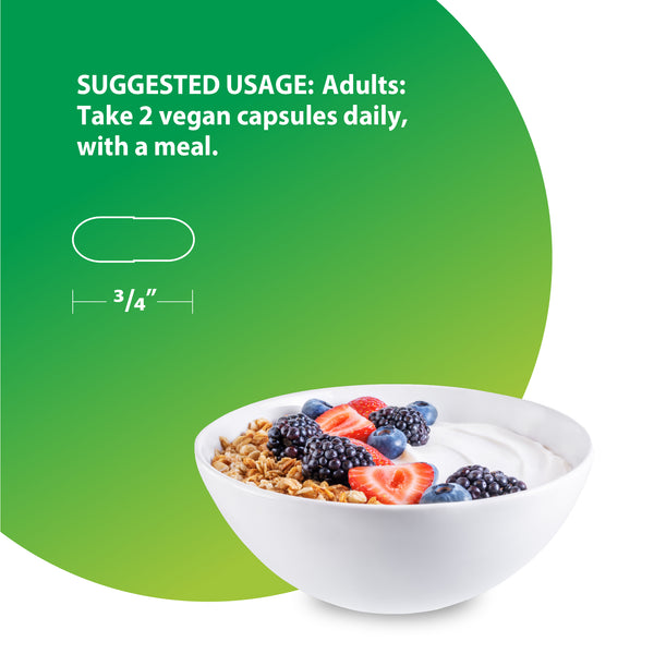 Usage instructions: 'Adults: Take 2 vegan capsules daily, with a meal.' Image of a 3/4 inch capsule.