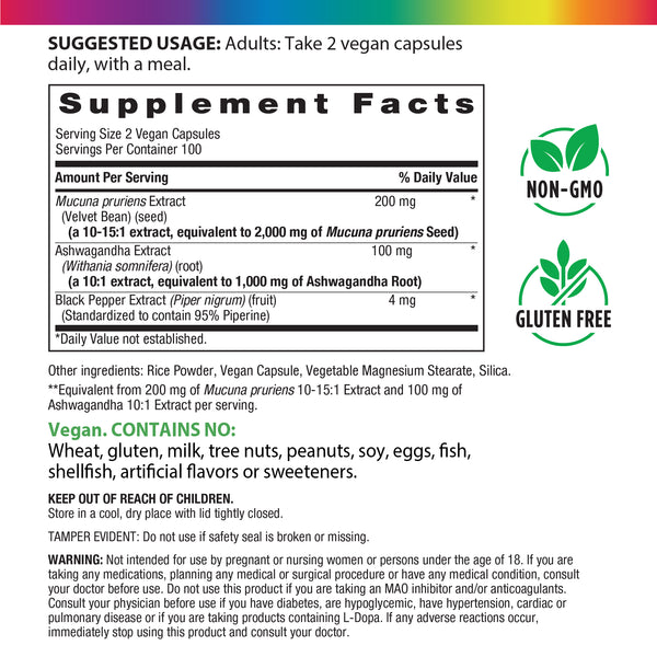 Supplement Facts panel detailing 3000 mg of Mucuna Ashwagandha.