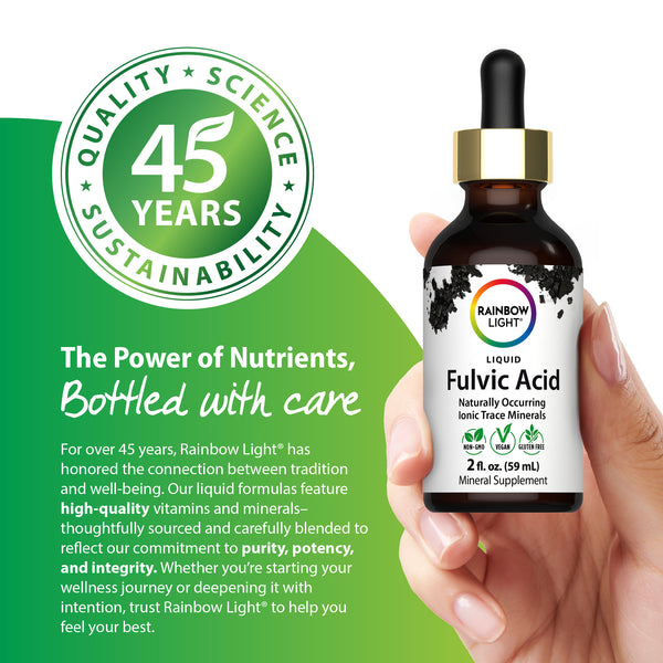 Rainbow Light Fulvic Acid Liquid Mineral Supplement, 2 fl. oz., includes trace minerals, is Non-GMO, vegan, and gluten-free.