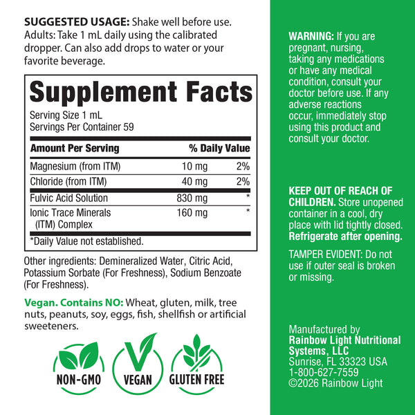 Supplement Facts panel for RL Fulvic Acid with Trace Minerals, 2 fluid ounces.