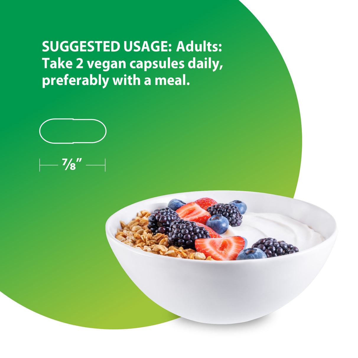 RL Magnesium Glycinate + Ashwagandha: Suggested usage, 7/8' long vegan capsules. Take 2 daily with a meal of yogurt, granola, and berries.