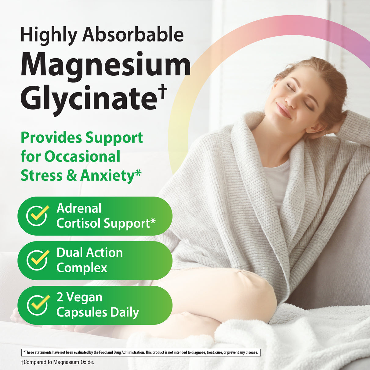 Product highlights graphic stating Provides Support for Occasional Stress & Anxiety*, Adrenal Cortisol Support*, Dual Action Complex, 2 Vegan Capsules Daily