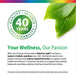 Infographic: Quality, Science, Sustainability, 40 Years. 'Your Wellness, Our Passion'. Leader in holistic nutrition since 1981.