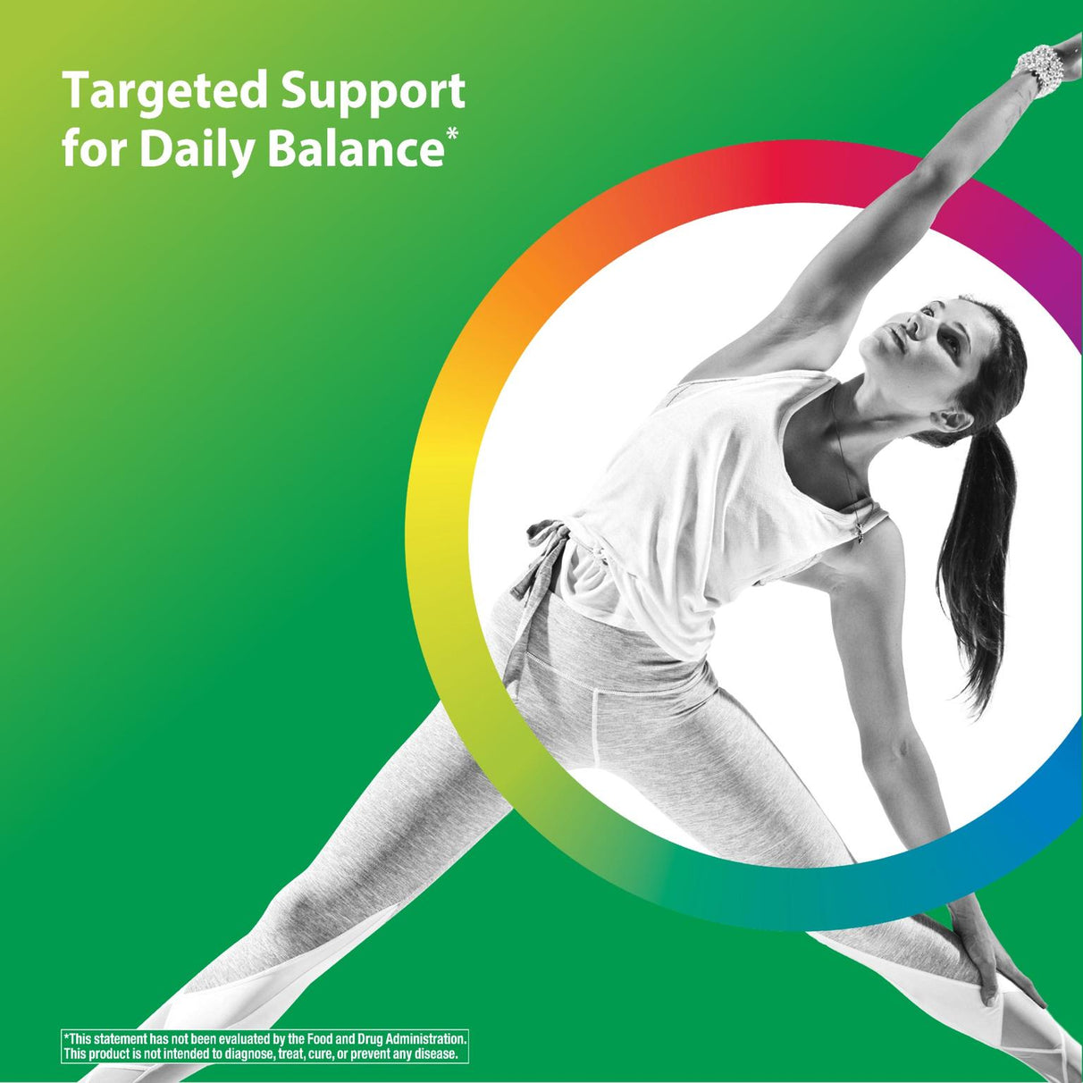 A woman doing a yoga pose with the text 'Targeted Support for Daily Balance*' for Berberine.