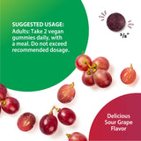 Vegan gummy in Sour Grape flavor, 5/8 inch. Suggested use: Take 2 daily with a meal. Delicious and tangy.