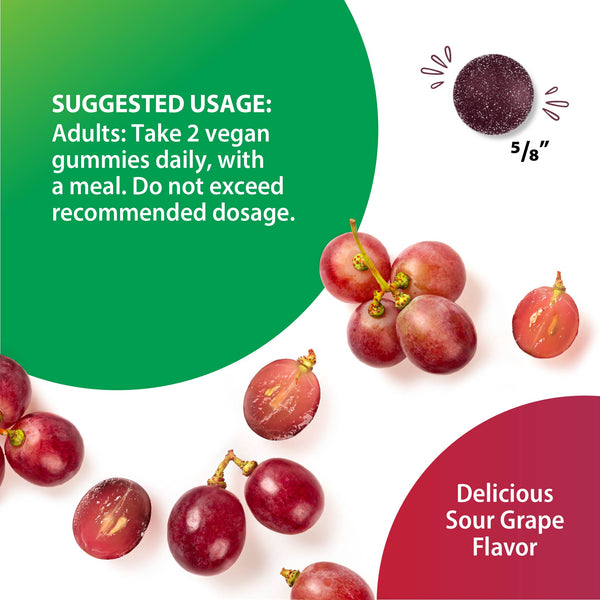 Vegan gummy in Sour Grape flavor, 5/8 inch. Suggested use: Take 2 daily with a meal. Delicious and tangy.