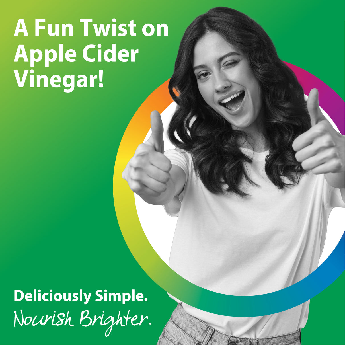 Young woman eagerly winks and gives two thumbs up to Apple Cider Vinegar Gummies.