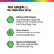 Product highlights graphic stating Delicious: ACV gummy, no harsh., Vegan Formula: Plant-based apple., Nature-First Philosophy: Simple Rainbow Light®.