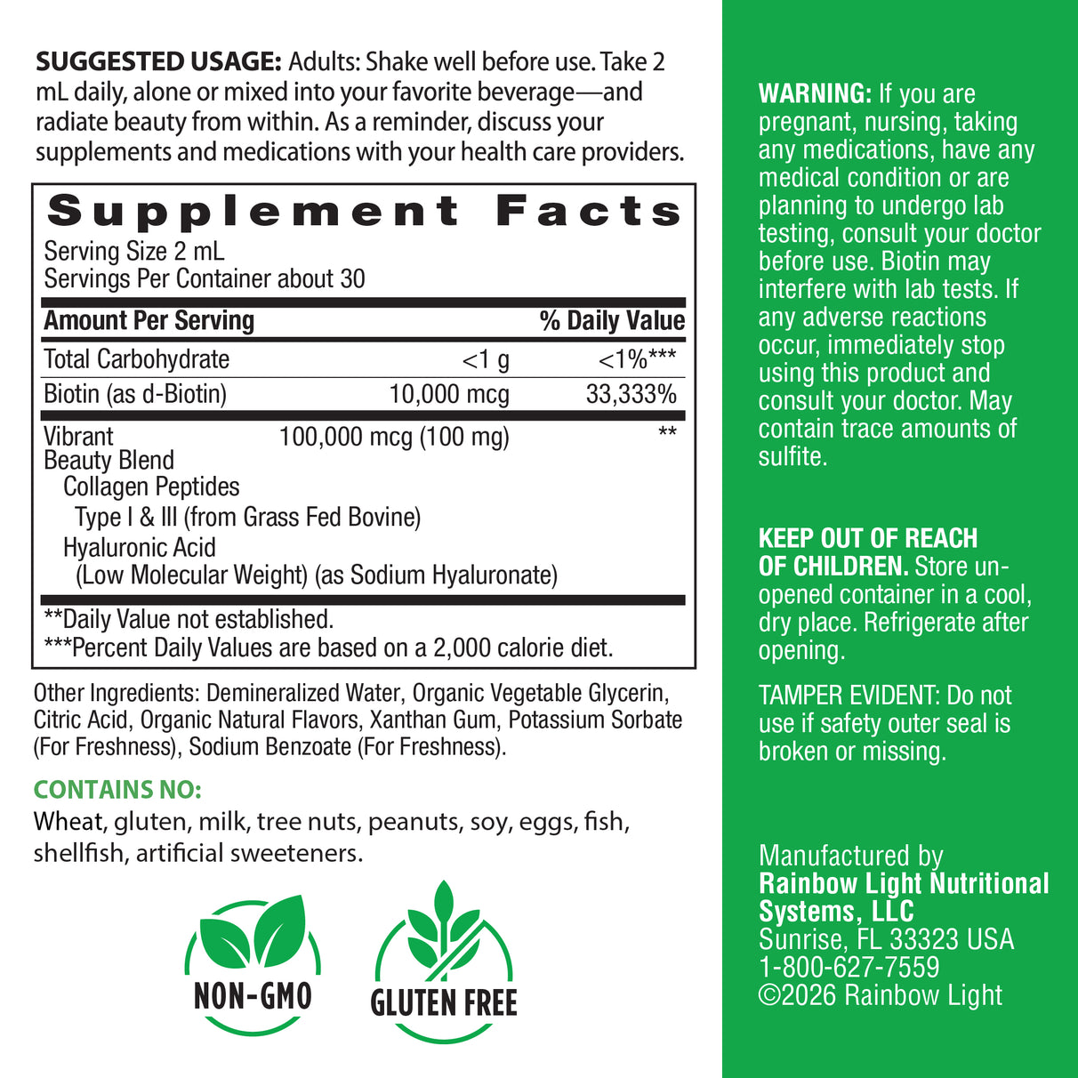 Supplement Facts panel for Collagen Biotin Hyal Drops, 2 fl oz liquid, detailing ingredients and nutritional values.