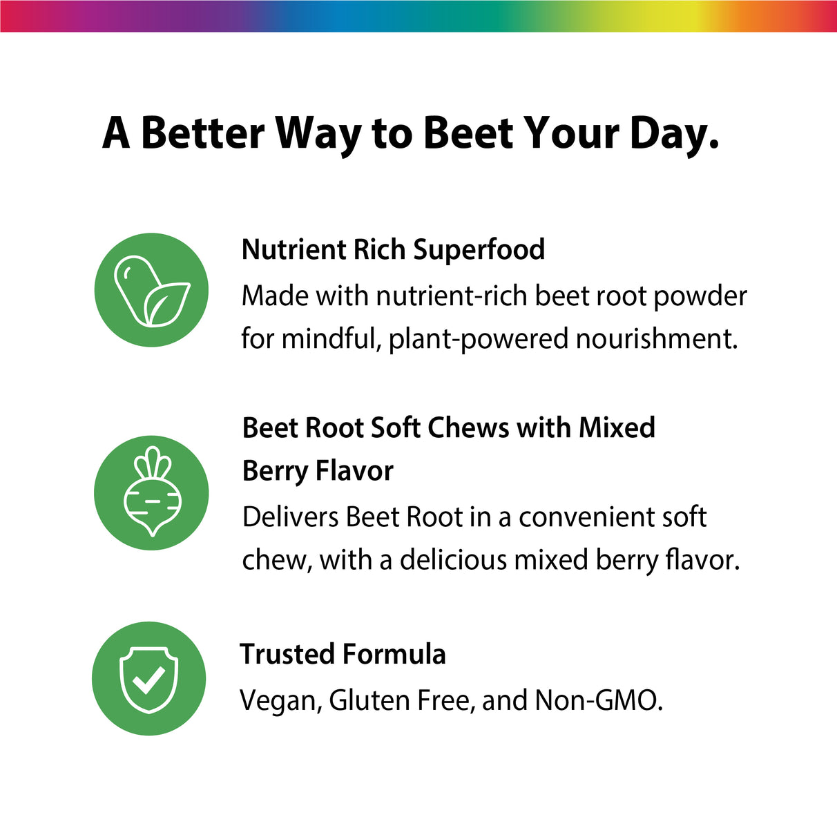 Product highlights graphic stating Nutrient Rich Superfood, Beet Root Soft Chews, Mixed Berry Flavor, Trusted Formula: Vegan, Gluten Free, Non-GMO.