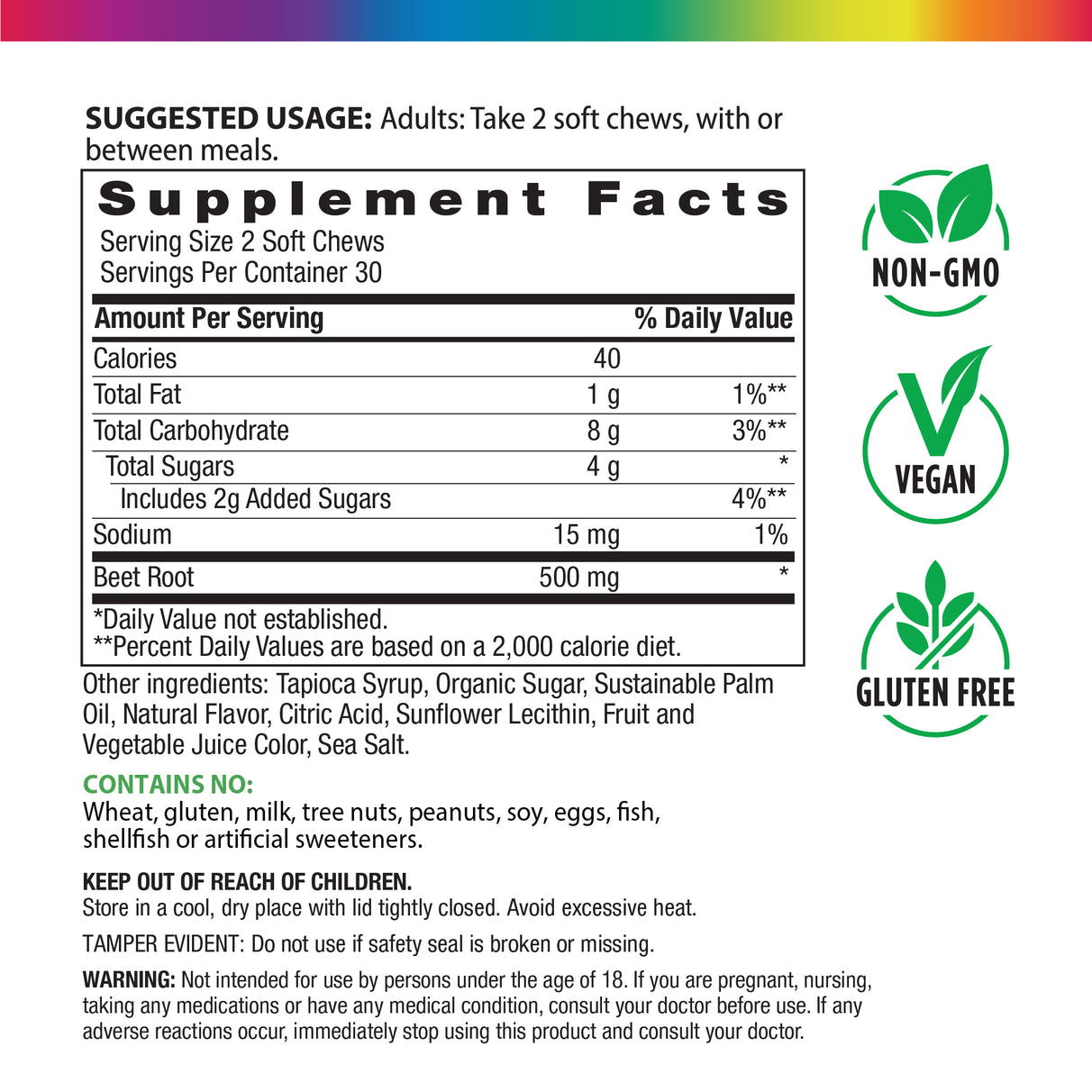 This image shows the Supplement Facts panel for RL Beet Root 60 Soft Chews.