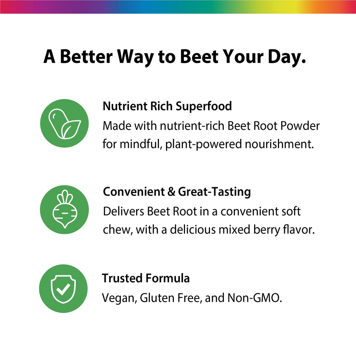 Product highlights graphic stating Nutrient Rich Superfood: Beet Root Powder, Convenient & Great-Tasting: Chew, berry, Trusted Formula: Vegan/Gluten Free/Non-GMO.